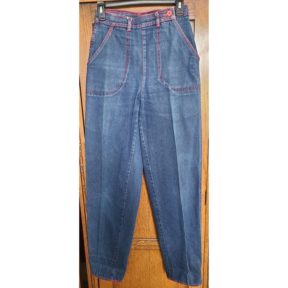 Vintage Esprit High Waisted Jeans Red Contrast Stitch Plaid Lined Cuff Size 7